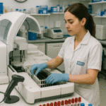 A Band 5 Biomedical Scientist working in an NHS laboratory on automated analysers