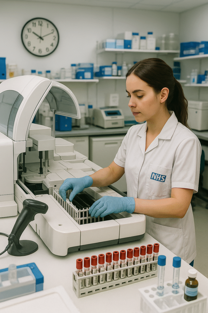 A Band 5 Biomedical Scientist working in an NHS laboratory on automated analysers