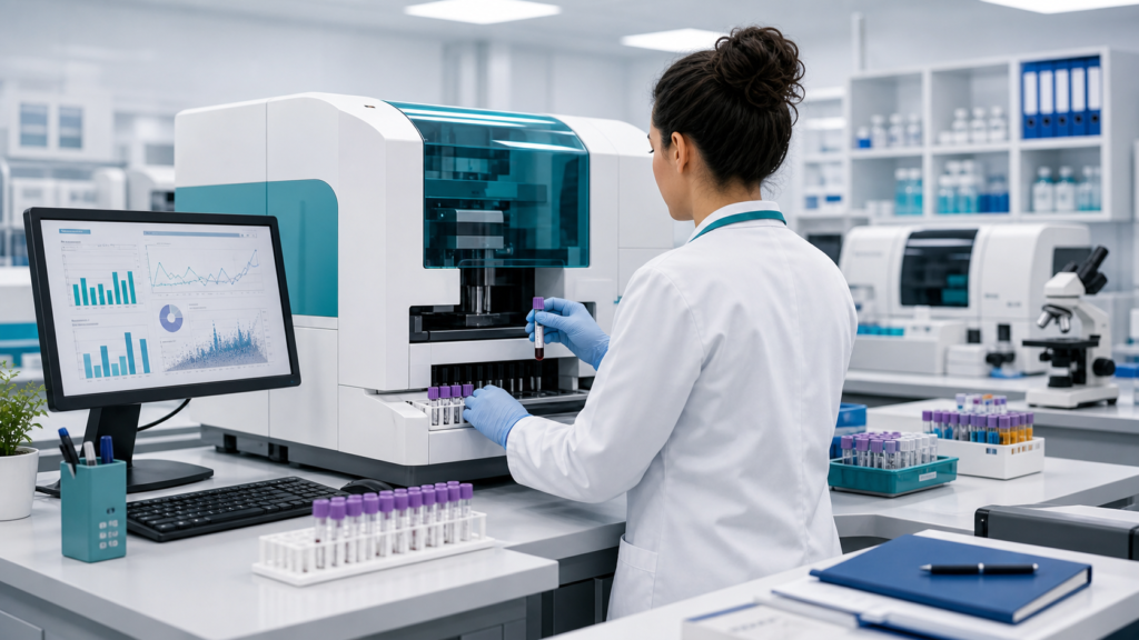 Biomedical scientist working with a laboratory analyser and blood samples