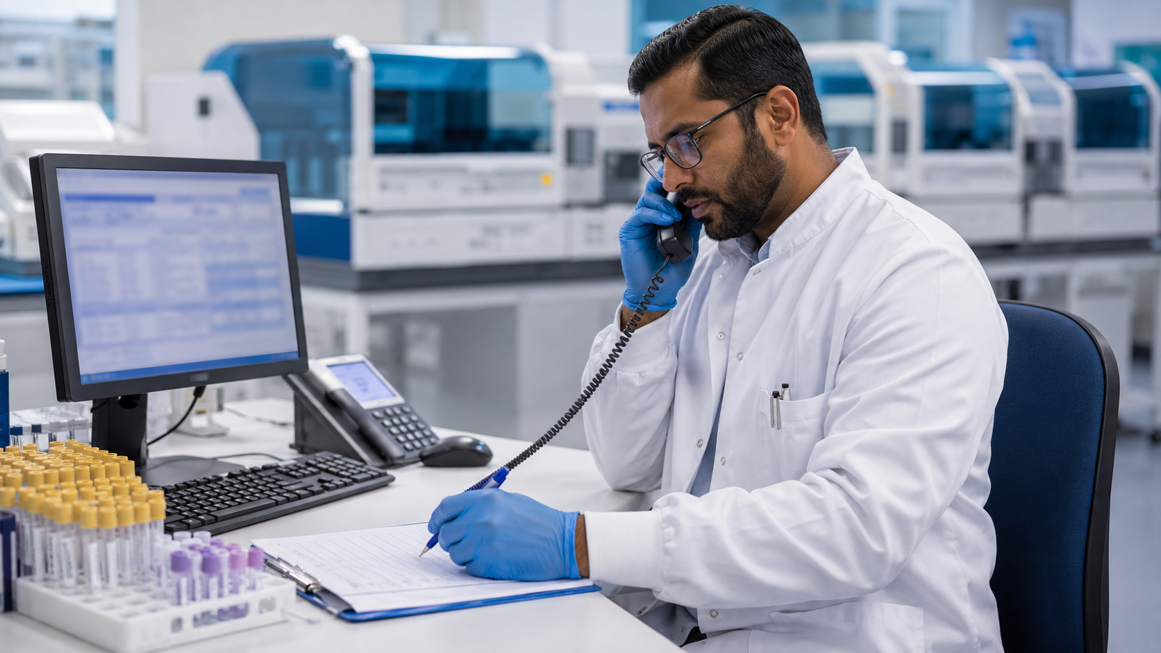 Biomedical Scientist communicating laboratory information by telephone in a Clinical Chemistry laboratory