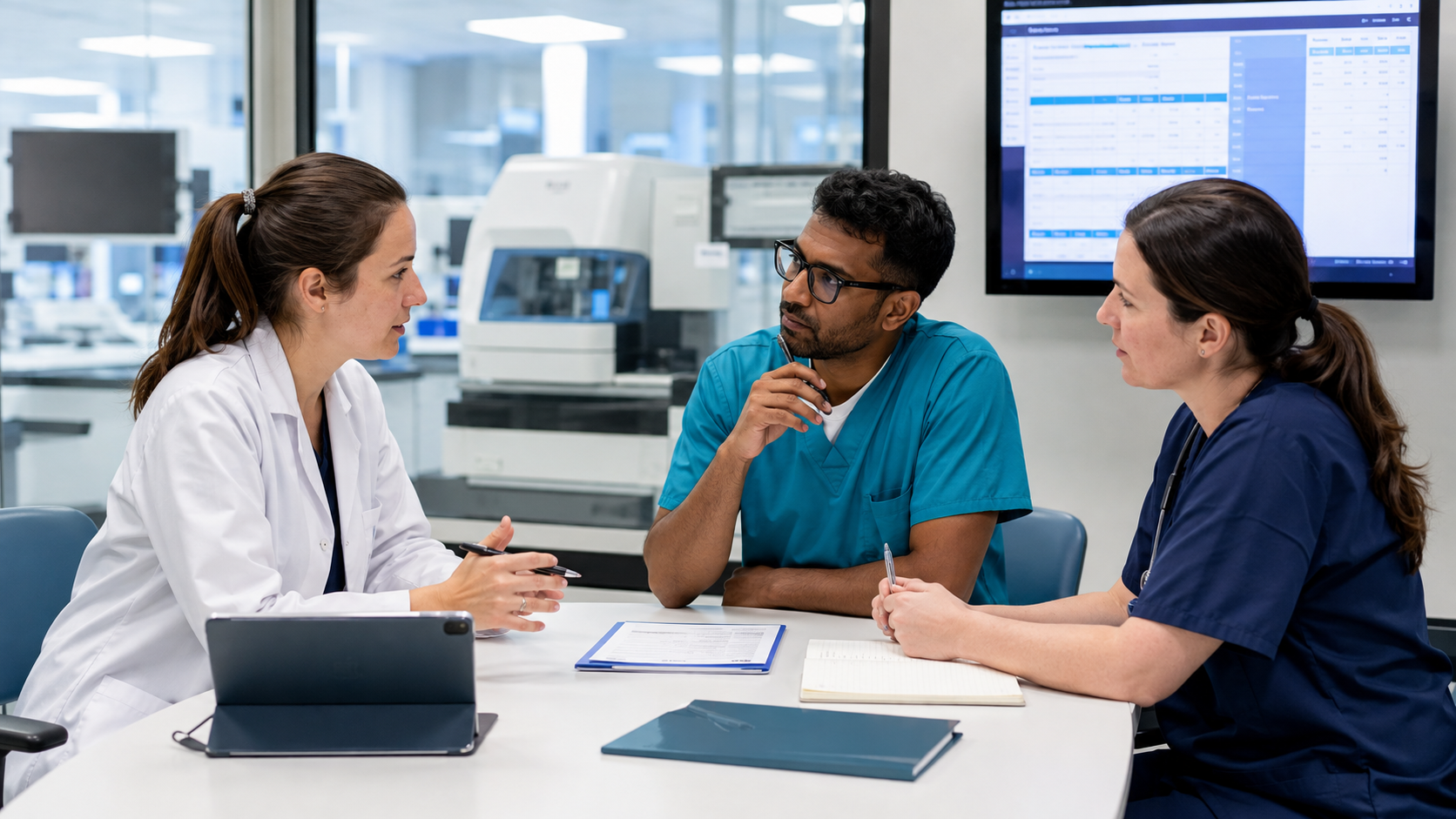 Biomedical science staff discussing inclusive laboratory practice in a modern pathology department