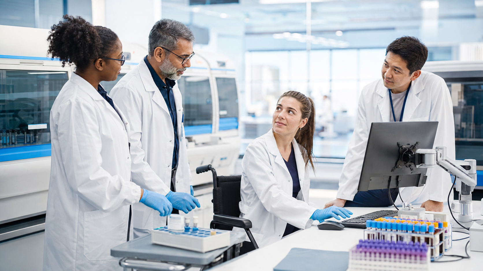 Biomedical science team discussing professional relationships and leadership in a pathology laboratory