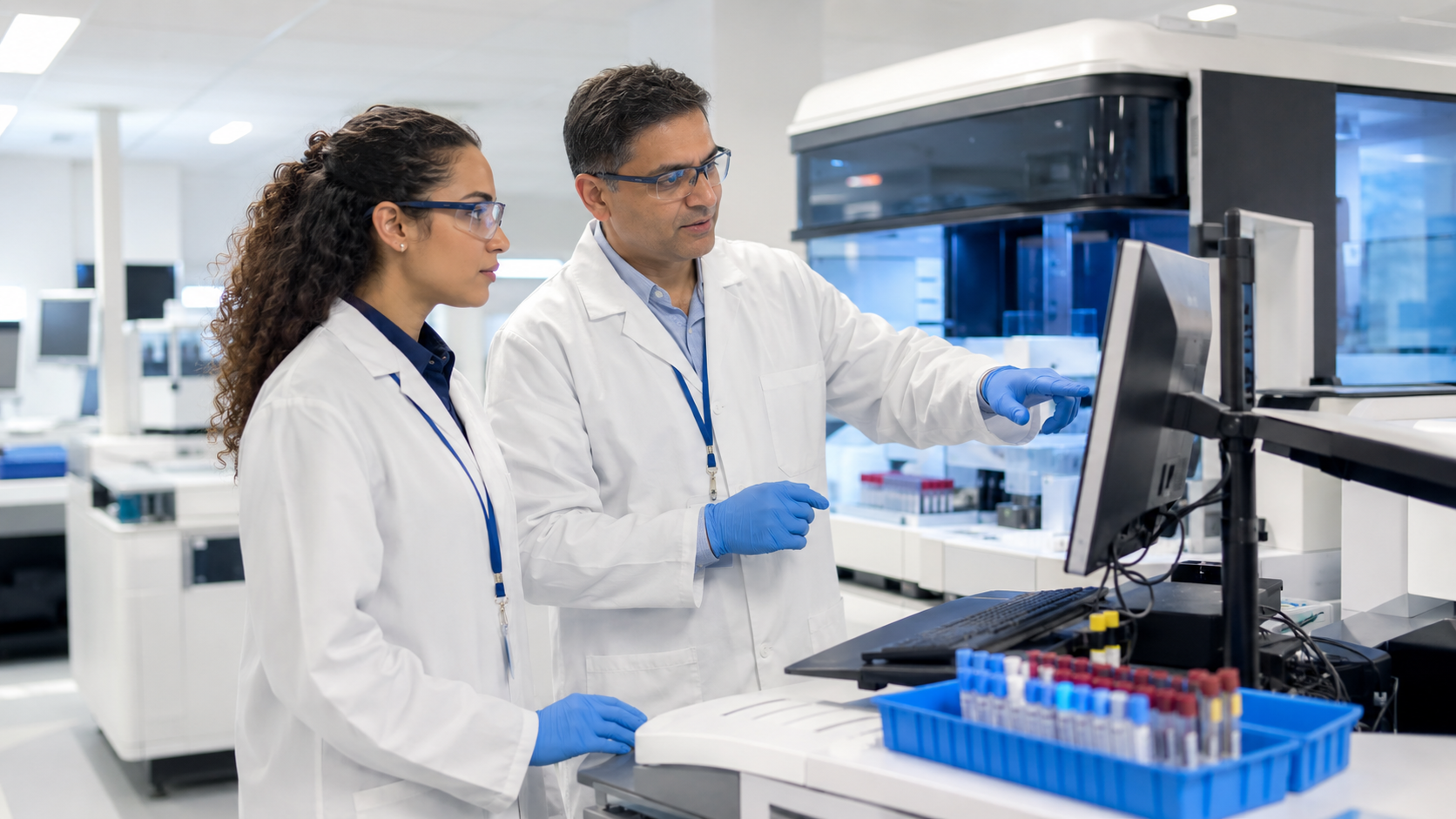 Trainee and senior Biomedical Scientists reviewing analyser work in a Clinical Chemistry laboratory