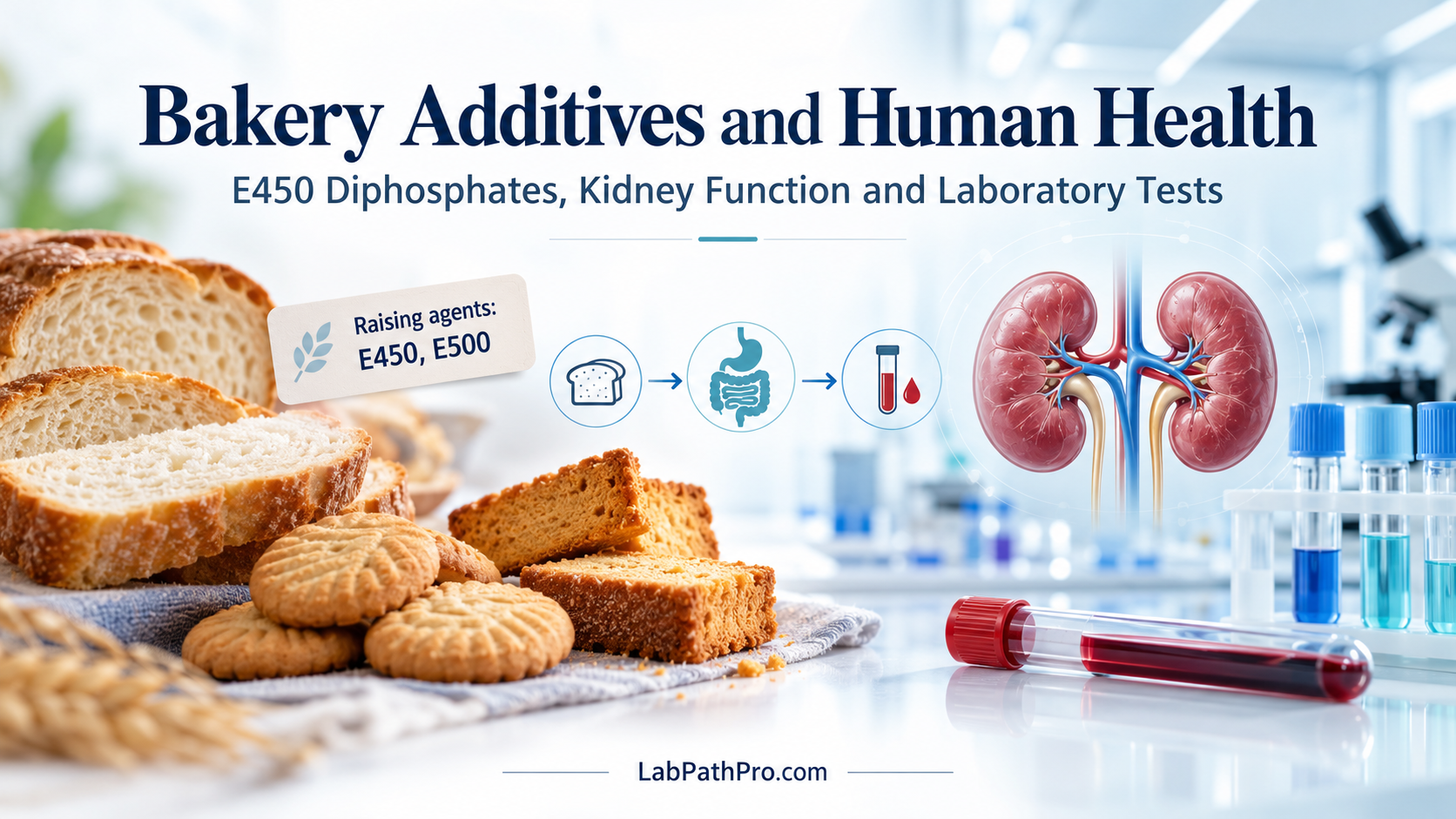 Bakery products labelled E450 and E500 alongside a digestion pathway, kidneys and laboratory blood samples, illustrating phosphate metabolism and kidney function.