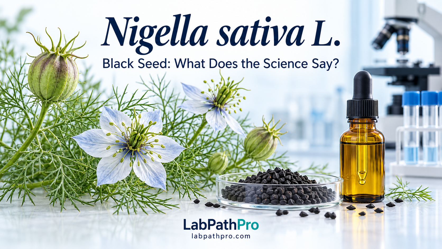 Nigella sativa flowers and seed pods beside black seeds and a bottle of seed oil, with a microscope and laboratory sample tubes in the background.