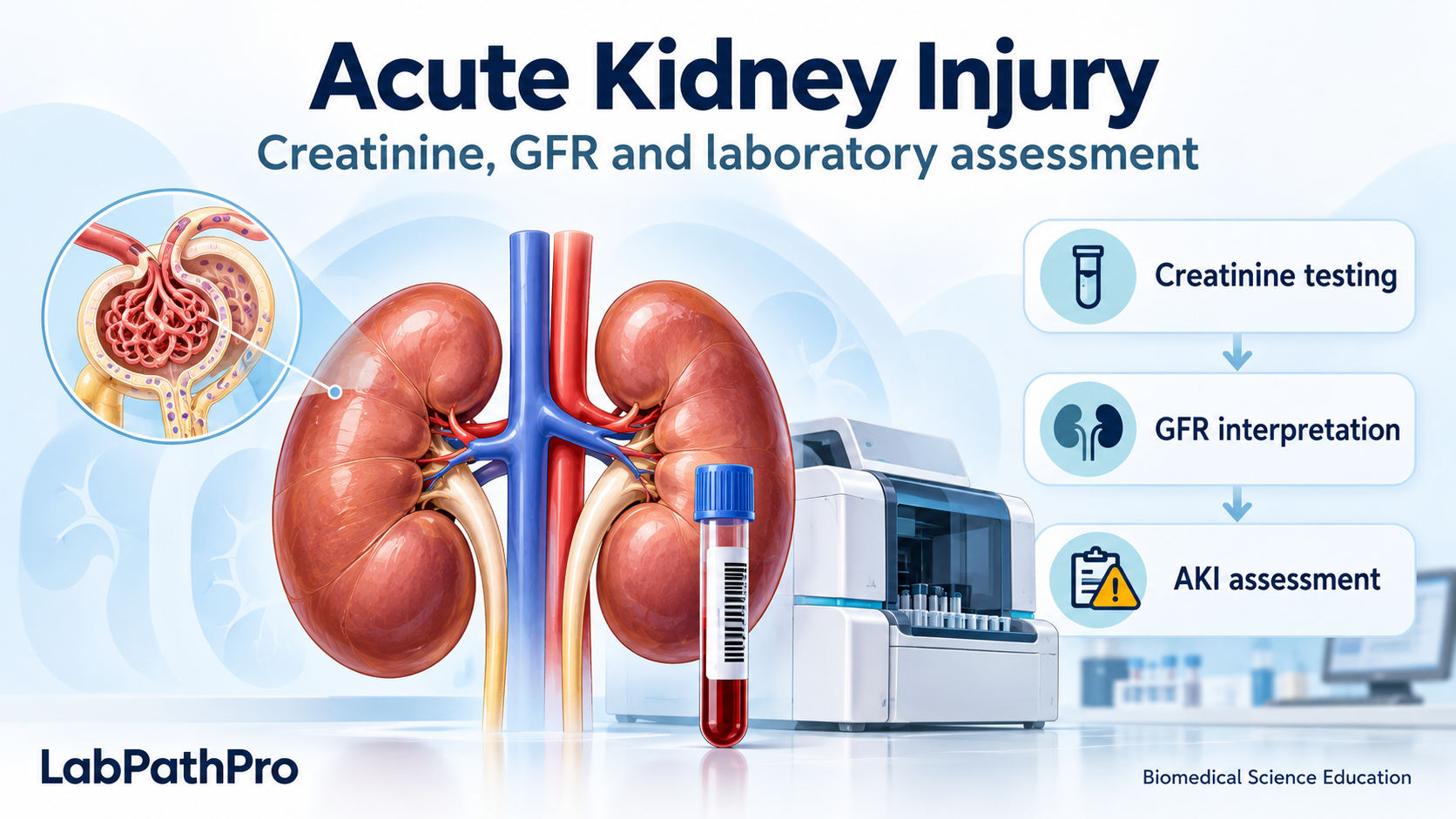 Illustration of kidneys, a glomerulus, a blood sample and a chemistry analyser alongside creatinine testing, GFR interpretation and AKI assessment.