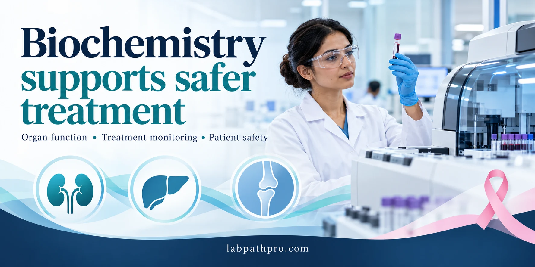 Breast Cancer Diagnosis: The Role of Biochemistry and the Medical Laboratory 3 Biomedical scientist beside a chemistry analyser, with kidney, liver and bone symbols representing treatment monitoring.