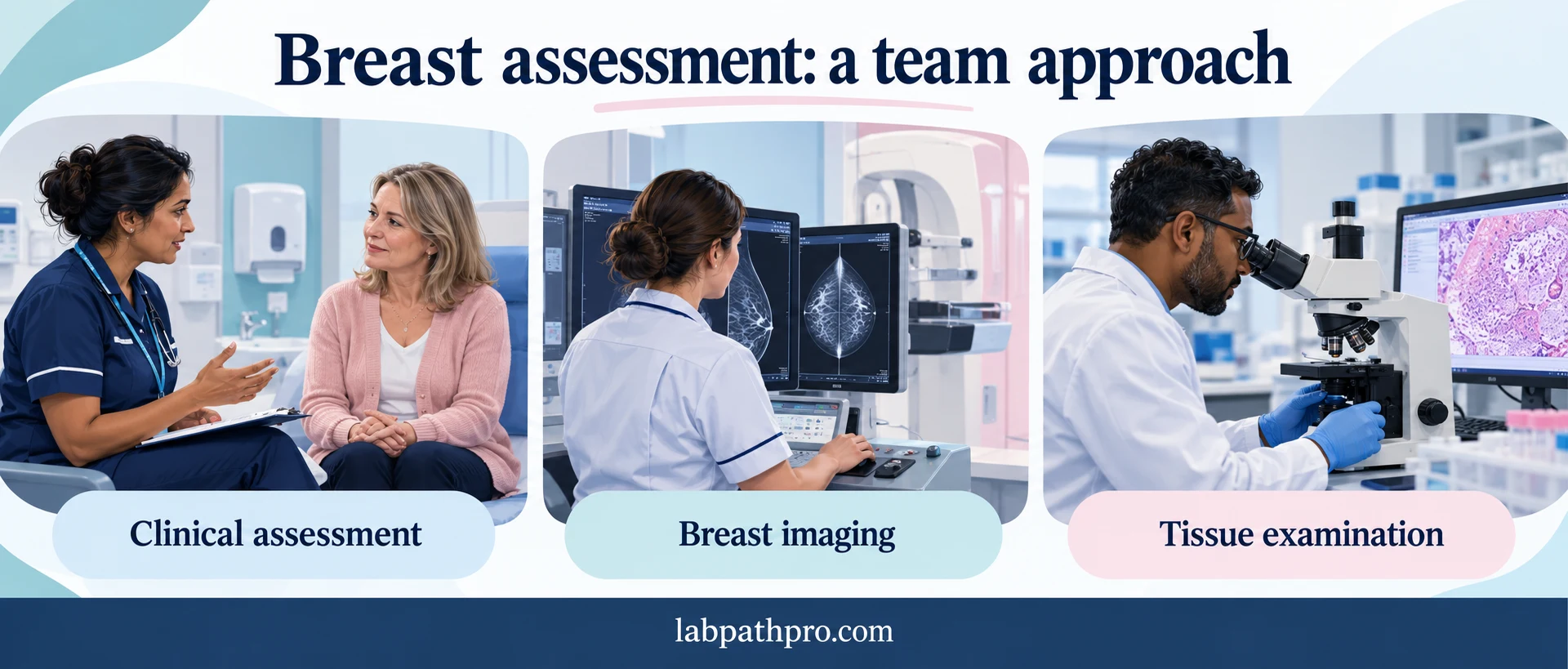 Breast Cancer Diagnosis: The Role of Biochemistry and the Medical Laboratory 2 Three illustrated scenes showing clinical consultation, breast imaging and microscopic tissue examination.