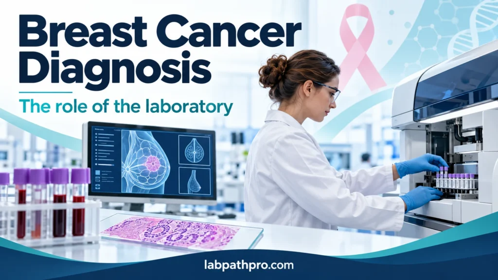 Breast cancer diagnosis illustration combining a laboratory scientist, chemistry analyser and breast imaging motifs.